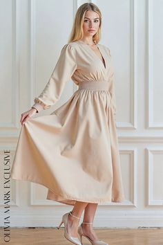 Olivia Mark - Elegant Beige Wrap Midi Dress with Elasticated Waist and Long Sleeves Wrap Midi Dress, Olivia Mark, Midi Dress, Long Sleeves, Long Sleeve