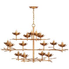 a large chandelier with many lights hanging from it's center and leaves on the bottom