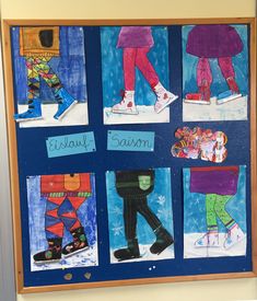 a bulletin board with pictures of children's shoes and footwear on the front