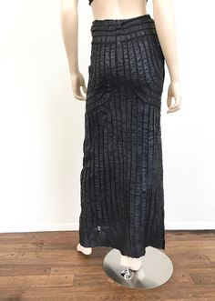 Vintage Yoshiki Hishinuma Maxi Skirt - high waisted with elastic - semi sheer - rubberized textural surface - black color great vintage condition marked size 3 / L 26/32 waist 38 hip 44.5 length all sales final / follow us on instagram @iwantcandyvintage Black Silk Maxi Skirt For Party, Fitted Silk Black Maxi Skirt, Fitted Black Silk Maxi Skirt, Black Silk Maxi Skirt For Spring, Black Full-length Silk Skirt, Black Silk Full-length Skirt, Black Fitted Silk Skirt, Fitted Black Silk Skirt, Black Full Length Silk Skirt