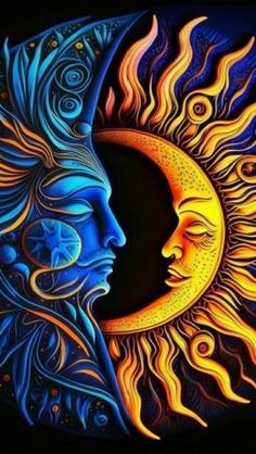 two sun and moon faces painted in blue, yellow and orange colors with swirls