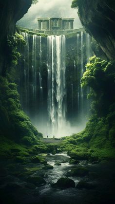 an image of a waterfall in the middle of a forest with people standing on it