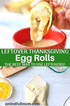 an egg roll is being dipped with butter and served in a red bowl on a white table