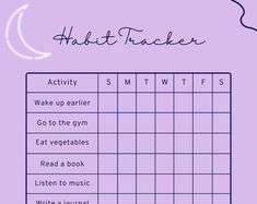 a purple poster with the words habit tracker written in black on it and an image of a