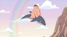 a man riding on the back of a dolphin in front of a rainbow and clouds