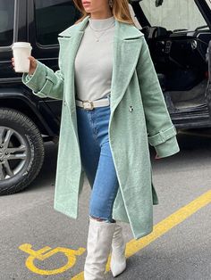 Lapel Neck Drop Shoulder Overcoat Mint Green Casual  Long Sleeve Woven Fabric Plain Regular Non-Stretch  Women Clothing, size features are:Bust: ,Length: ,Sleeve Length: Women Overcoat, Jeans Casual, Green Coat, Outerwear Women, Drop Shoulder, All Fashion, Mint Green, Women Clothing, Woven Fabric