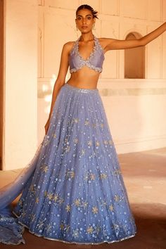 Prevasu | Soft Blue Net Lehenga Set | INDIASPOPUP.COM Beach Wedding Lehenga, Strapless Lehenga, Bollywood Wedding Outfit, Simple Lengha, Nepali Clothing, Indian Party Outfits, Lehenga Aesthetic, Blue Net Lehenga, Blue Lengha