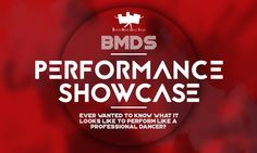 the bmbs performance showcase logo is shown on a red background with white lettering