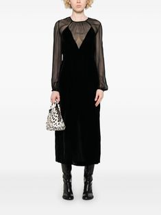 black velvet semi-sheer panels rear button fastening round neck gathered detailing textured finish long sleeves buttoned cuffs straight hem long length Wardrobe Edit, Yoko London, Green Coat, Coat Black, Exclusive Fashion, Sheer Sleeves, Coat Dress, Black Coat, Long Length