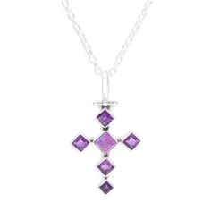 Like beautiful violets five faceted amethyst gemstones surround a square of purple-toned composite turquoise set in sterling silver in this cross pendant necklace. Shanker of India designs this lovely handcrafted necklace. Purple Amethyst Cross Necklace, Luxury Cross-shaped Gemstone Necklace, Spiritual Cross-shaped Gemstone Necklace, Purple Amethyst Necklace With Large Pendant, Nickel-free Amethyst Crystal Necklaces As Gift, Turquoise Cross Pendant, Amethyst Necklace Pendant, Turquoise Cross, Amethyst Color