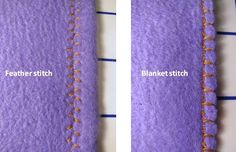 two pictures showing how to sew the stitchs on a purple piece of fabric