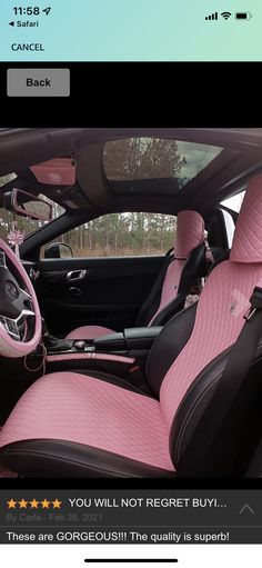 the interior of a car with pink leather and black trim, including two front seats