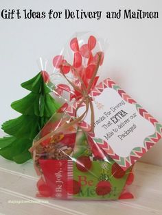 gift ideas for delivery and mailing with free printable tags on the top, including candy canes