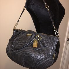 Coach Madison Sophia Black Gathered Leather Satchel bag. Used with wear to the metal and ink /other stains inside lining - NO tears and wholes Please review all photos. item you see is the actual item you will receive. This comes as shown. I make sure to include as many photos of flaws as possible when presence. Coach Designer Satchel In Soft Leather, Designer Coach Satchel In Soft Leather, Designer Coach Soft Leather Satchel, Sophia Black, Black Leather Satchel, Stylish Handbags, Leather Satchel Bag, Satchel Bag, Leather Satchel