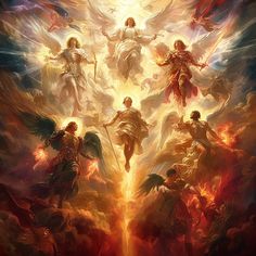 an image of angels surrounded by fire and flames in the sky with their wings spread out