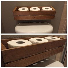 two pictures of a toilet with three rolls of toilet paper in the bottom and one on the top