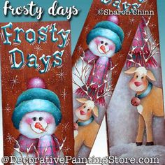 two snowmen with hats and scarfs on standing next to each other in front of a wooden sign that says frosty days