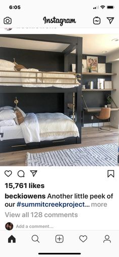 two bunk beds in a room with white sheets and pillows on top of each bed