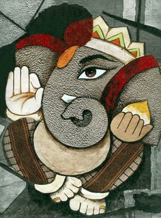 a painting of an elephant wearing a hat and holding a banana in his hand with both hands