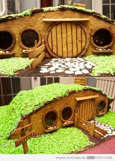 two pictures of a hobbot house with grass on the roof and in the ground