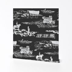 a black and white wallpaper with horse drawn carriages in the countryside on it's side