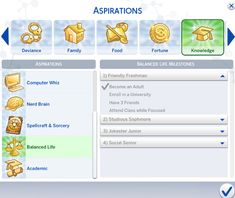 screenshot of the aspirations screen