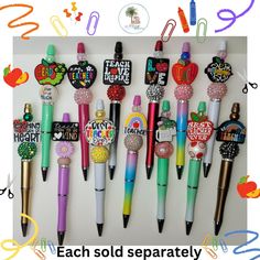 several pens and magnets are lined up in a row with the words each sold separately