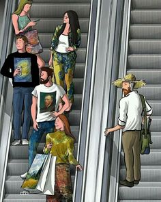 people walking down an escalator with paintings on them