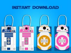 three star wars paper bags with the words instant download on them and an image of r2d2