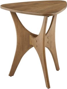 a wooden table with a curved top and two legs on one side, against a white background