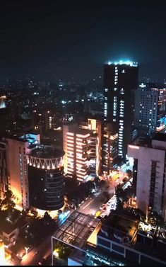 an aerial view of a city at night