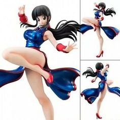 an animated image of a woman dressed in blue and red with long black hair, dancing