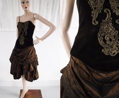 "1980s 'Opera' Brown & Gold Velvet & Taffeta Showgirl Dress SIZE UK 8-10 *Chocolate brown cotton velvet and taffeta  *Boned strapless bodice with gold lace applique detail *Bronze taffeta layered skirts *Lined bodice, secured at back with plastic zip Fabric: Cotton, Acetate, Taffeta, Lace, Plastic Zip. Label: 'Opera' Fits Like a Size: UK 8-10 (Mannequin is a Size UK 8/10) Condition: Excellent Condition - a few tiny pinprick holes to skirt, otherwise no noted flaws. Bust: 32\" Waist: 26\" Hips: 3 Layered Skirts, Opera Dress, 80s Party Dress, Striped Dress Summer, 80s Dress, Column Dress, Gold Velvet, 50s Dresses, Gold Lace