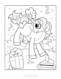 the coloring page for my little pony is ready to be filled with birthday wishes and presents