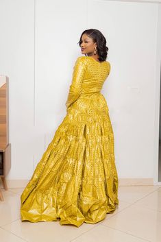 Festive Gold Ruffled Dress, Festive Gold Ruffle Dress, Gold Floor-length Dress With Ruffles, Festive Gold Dresses With Ruffles, Gold Dresses With Ruffles For Festive Occasions, Gold Fitted Evening Dress For Festive Occasions, Festive Gold Fitted Evening Dress, Yellow Long Sleeve Party Gown, Festive Yellow Ruffled Dress