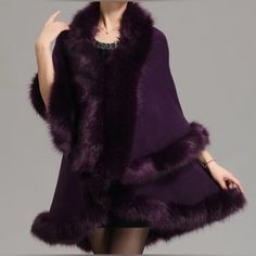 Classic Autumn Women's Cardigan Faux Fox Fur Trim Shawl Cloak Parka Deep Purple Bat Sweater, Fur Trimmed Cape, Coat Plus Size, Poncho Coat, Sweater Autumn, Shawl Cardigan, Capes For Women, Extra Long Sleeves, Cape Coat