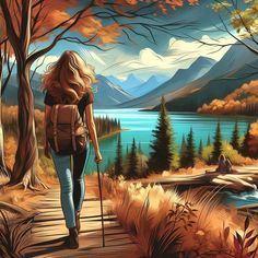 a painting of a woman with a backpack walking down a path to a lake in the woods