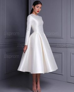 Ankle Length Wedding Dress, Simple White Wedding Dress, Taffeta Wedding Dress, Wedding Dresses Taffeta, Wedding Dress With Long Sleeves, Civil Wedding Dresses, Wedding Dress With Pockets, Wedding Dress Fabrics, Dress Sleeve Styles