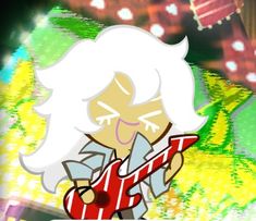 a cartoon character with white hair holding a red and white object in front of a colorful background