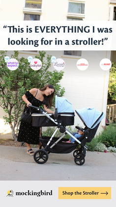 a woman pushing a stroller with a baby in it and the caption reads, this is everything i was looking for in a stroller