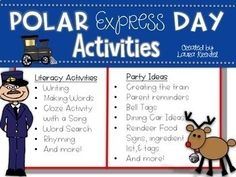 Polar Express Party & Literacy Activities Polar Express Day Kindergarten Activities, Polar Express Games For Kids, Polar Express Lesson Plans, Polar Express Birthday Party, Polar Express Games, Polar Express Lessons, Polar Express Party Ideas, Polar Express Conductor, Polar Express Day