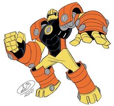 an orange and black cartoon character with yellow gloves on his arms, holding two hands in the air