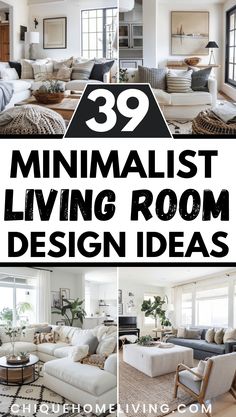 minimalist living room design ideas with text overlaying the top and bottom image