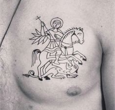 a black and white photo of a man with a tattoo on his chest riding a horse