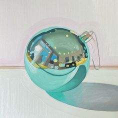 a painting of a teal bowl with silverware in it on a white surface