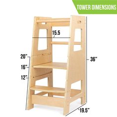 a wooden step stool with measurements for the top and bottom steps, shown in front of a white background