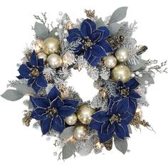 a christmas wreath with blue and silver decorations