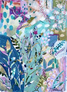 an abstract painting with flowers and leaves in blue, pink, green, yellow and white colors