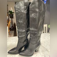 Women’s Isnom Black Knee Boots Size 7. Brand New. $80. Ac056 Western Black High Heel Knee-high Boots, Black Western Heeled Boots With Wide Calf, Black Western Wide Calf Heeled Boots, Black Western Knee-high Boots For Fall, Western Black Knee-high Boots For Fall, Black Western Heeled Boots For Wide Calves, Western Style Black Wide Calf Heeled Boots, Trendy Black Mid-calf Heeled Boots, Black Western Knee-high Boots Medium Width