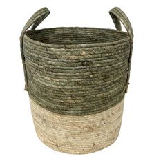 a large round basket with two tone stripes